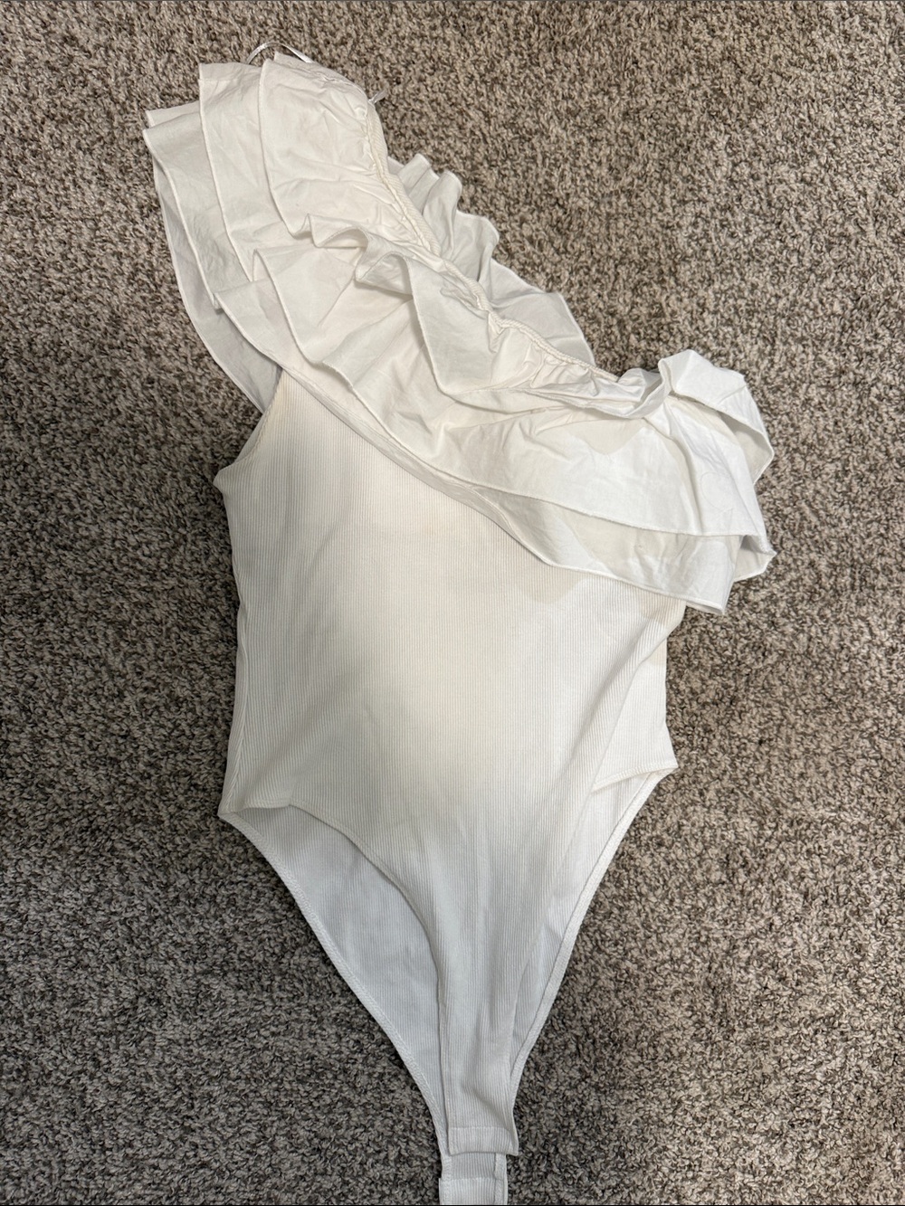 Zara White One-Shoulder Ruffle Bodysuit